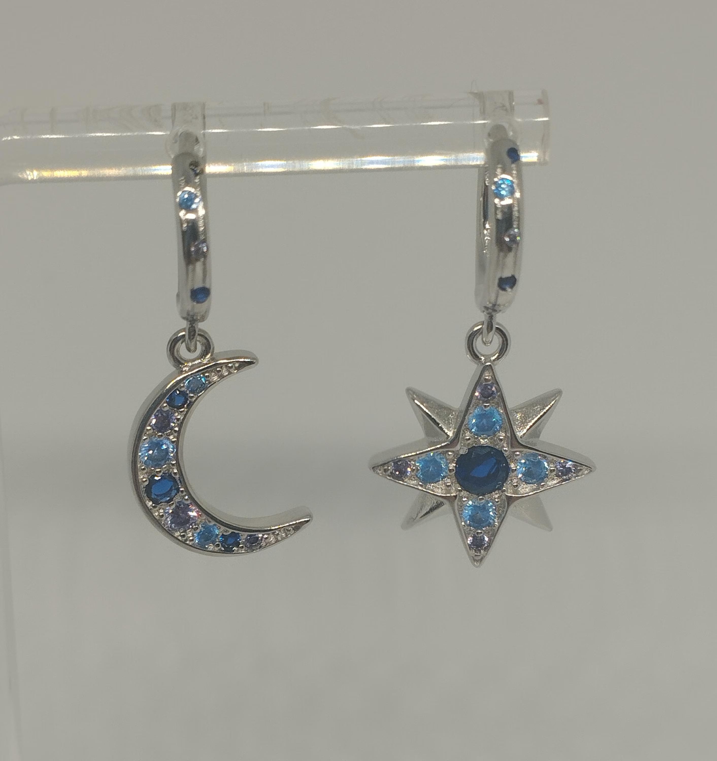 Mismatched Crescent Moon and Star Hoop Earrings with Cubic Zirconia Detailing