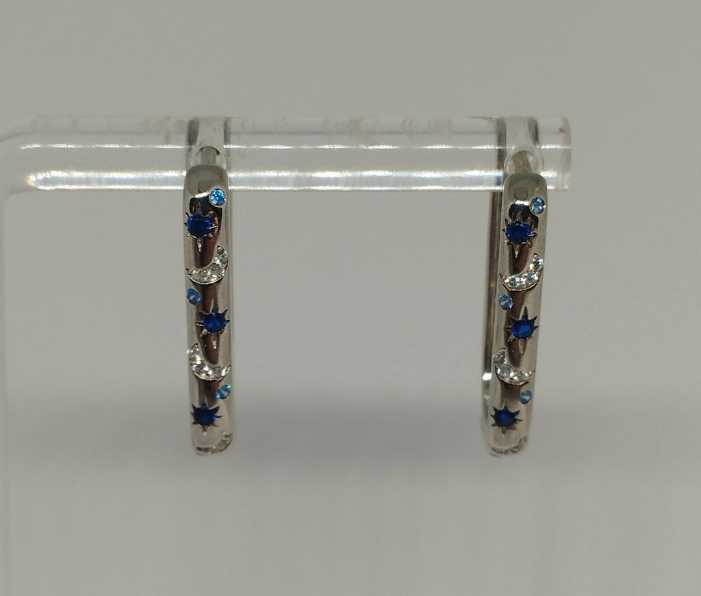 Sterling Silver Oblong Hoop Earrings with Moon Star Pattern And Blue Clear Zirconia Stones